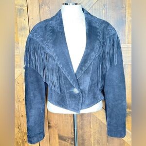VINTAGE North American Frontier Western Black Fringed Leather Ladies L